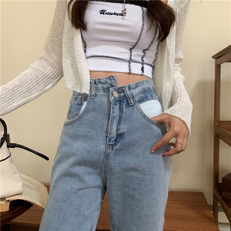 Real Shot Spot Summer Korean Version of Ins Design Sense High Waist Split Strap Jeans Women Straight Thin Loose Wide Leg Pants Tide Wash, Zipper, Buttons Light Blue S,M,L,XL