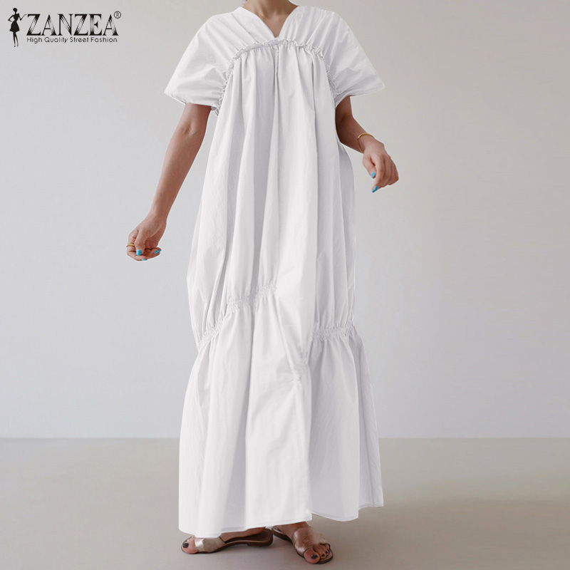 Đầm Maxi Zanzea Tay Ngắn Cổ Chữ V Xếp Ly Vải Cotton Màu Trơn Dễ Thương Dành Cho Phụ Nữ