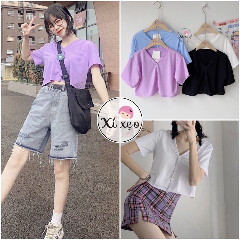 Áo croptop cổ tim sành điệu, áo thun trơn xixeoshop