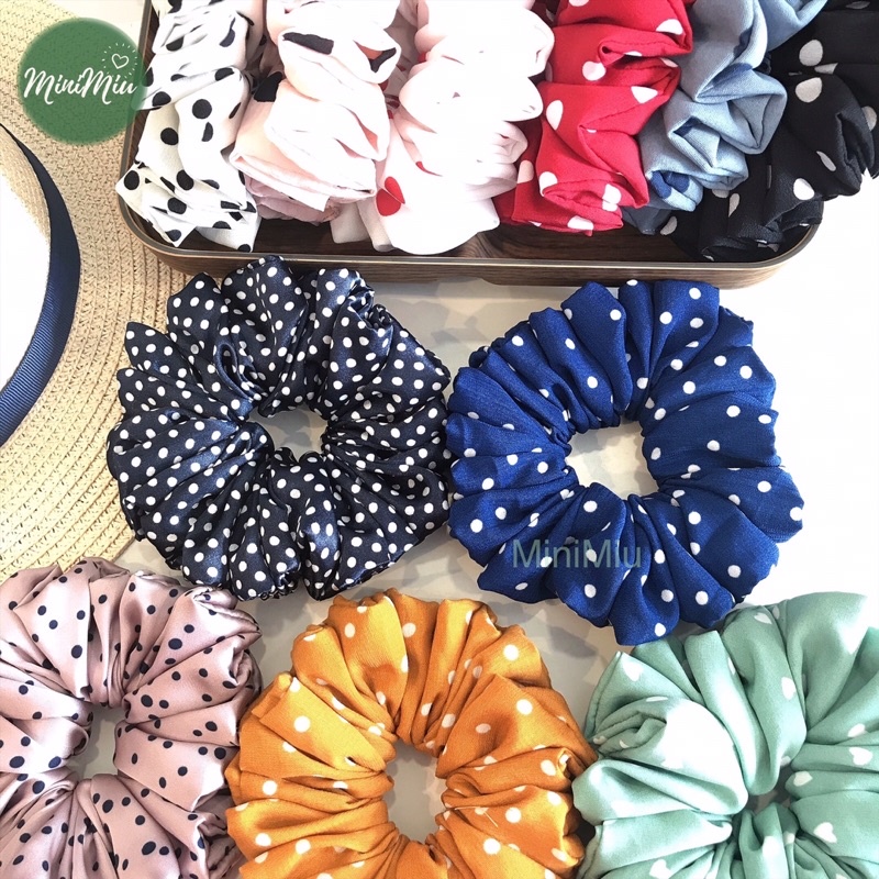 Dây buộc tóc Scrunchies handmade chấm bi nhiều màu, bản rộng 5cm, độ nhún dày chun co giãn tốt