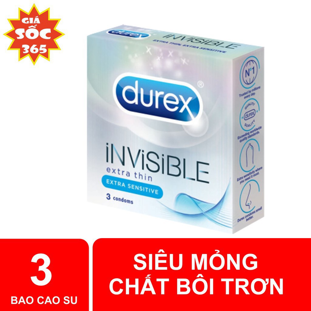 [freeship] BAO CAO SU DUREX INVISIBLE, SIÊU MỎNG, HỘP 3 CÁI