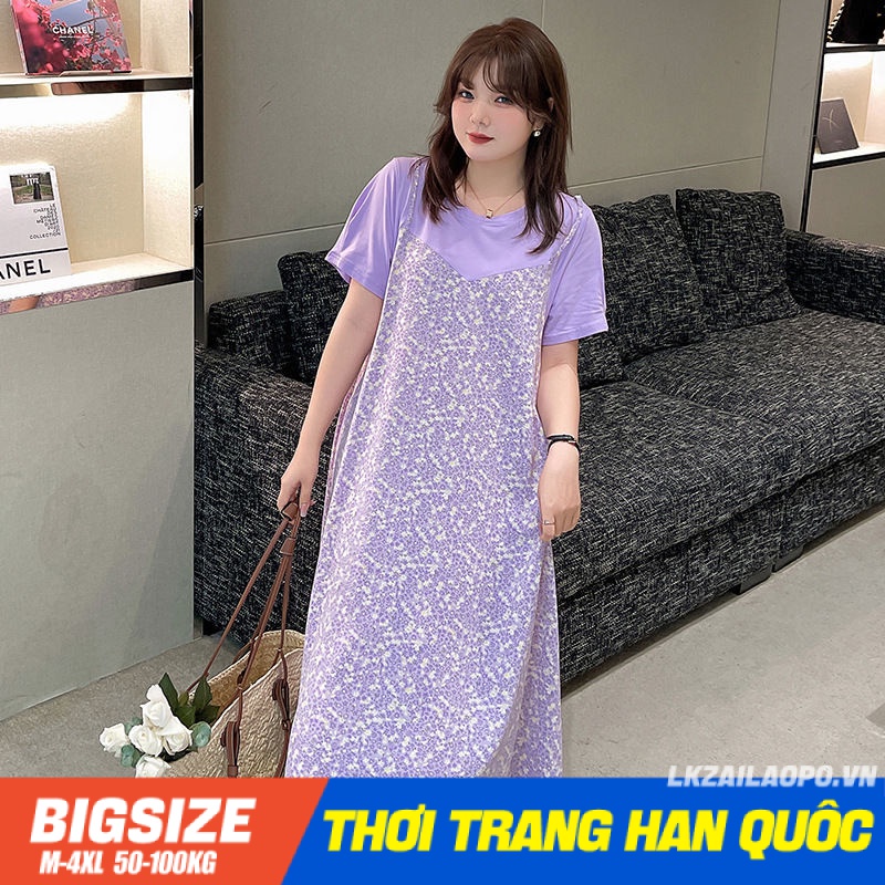 Đầm dáng suông Bigsize Váy nữ Giả Hai tay ngắn cổ tròn mùa hè Phong cách Hàn Quốc Thời Trang tiểu thư cá tính xinh đẹp cho người mập béo