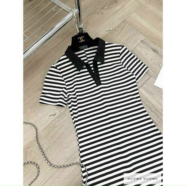 đầm cổ bẻ viền màu tay ngắn sọc ngang xinh tôn dáng chất gân mềm k