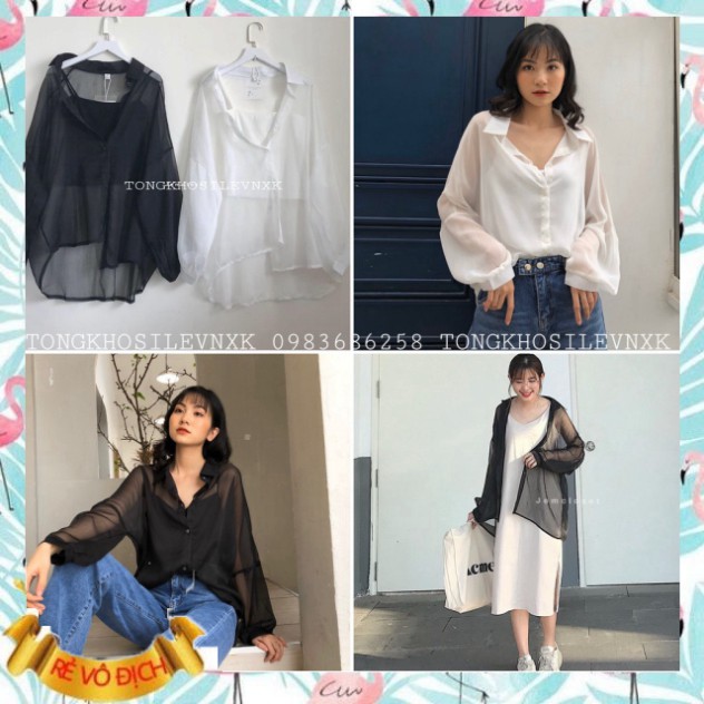 (mới) SET ÁO SƠ MI LƯỚI QUẢNG CHÂU MIX ÁO 2 DÂY HOT - SƠ MI GIẤY BUỘC ĐEN TRẮNG ULZZANG -(Sắn)