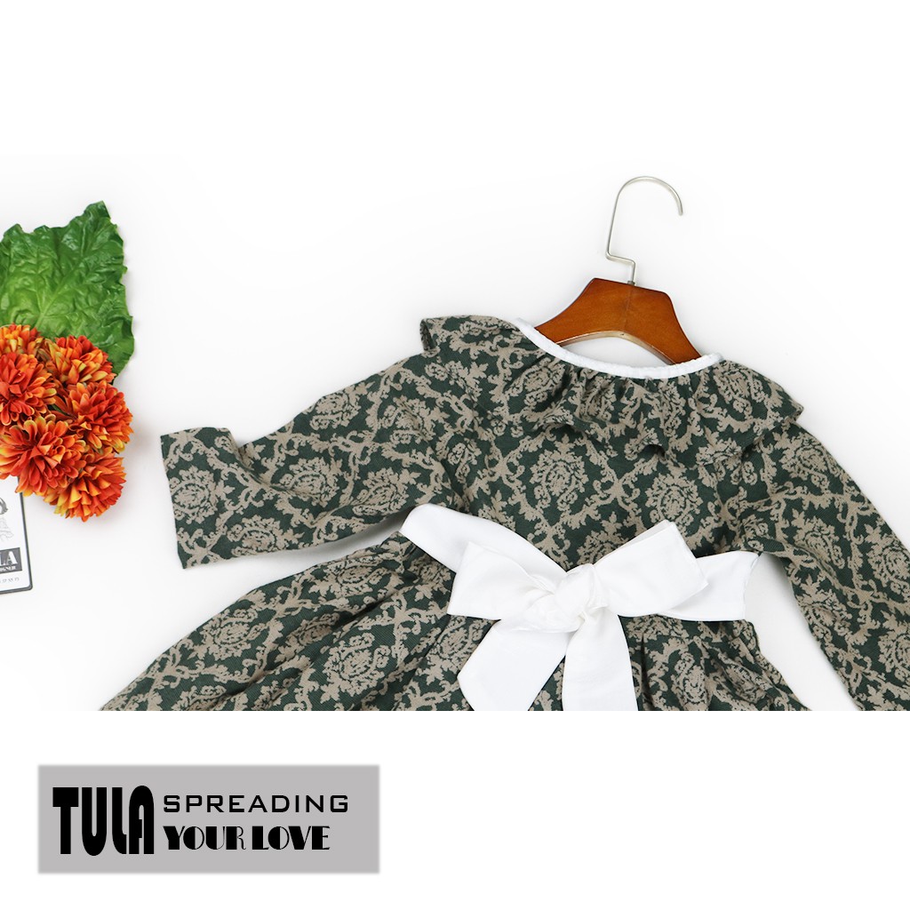 Váy Đầm Bé Gái Gắn Nơ Trắng Họa Tiết Xinh Trên Nền Xanh Lá Đậm Phù Hợp Thu Đông Cho Bé