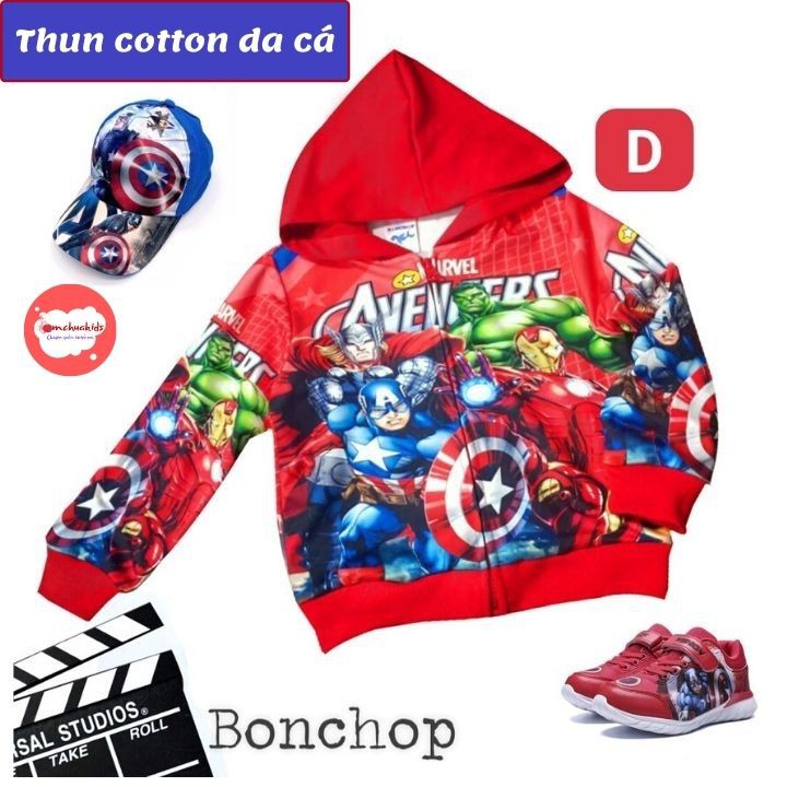 Áo khoác bé trai hình siêu nhân nhện-avenger từ 9-40kg. Chất thun da cá -Tomchuakids