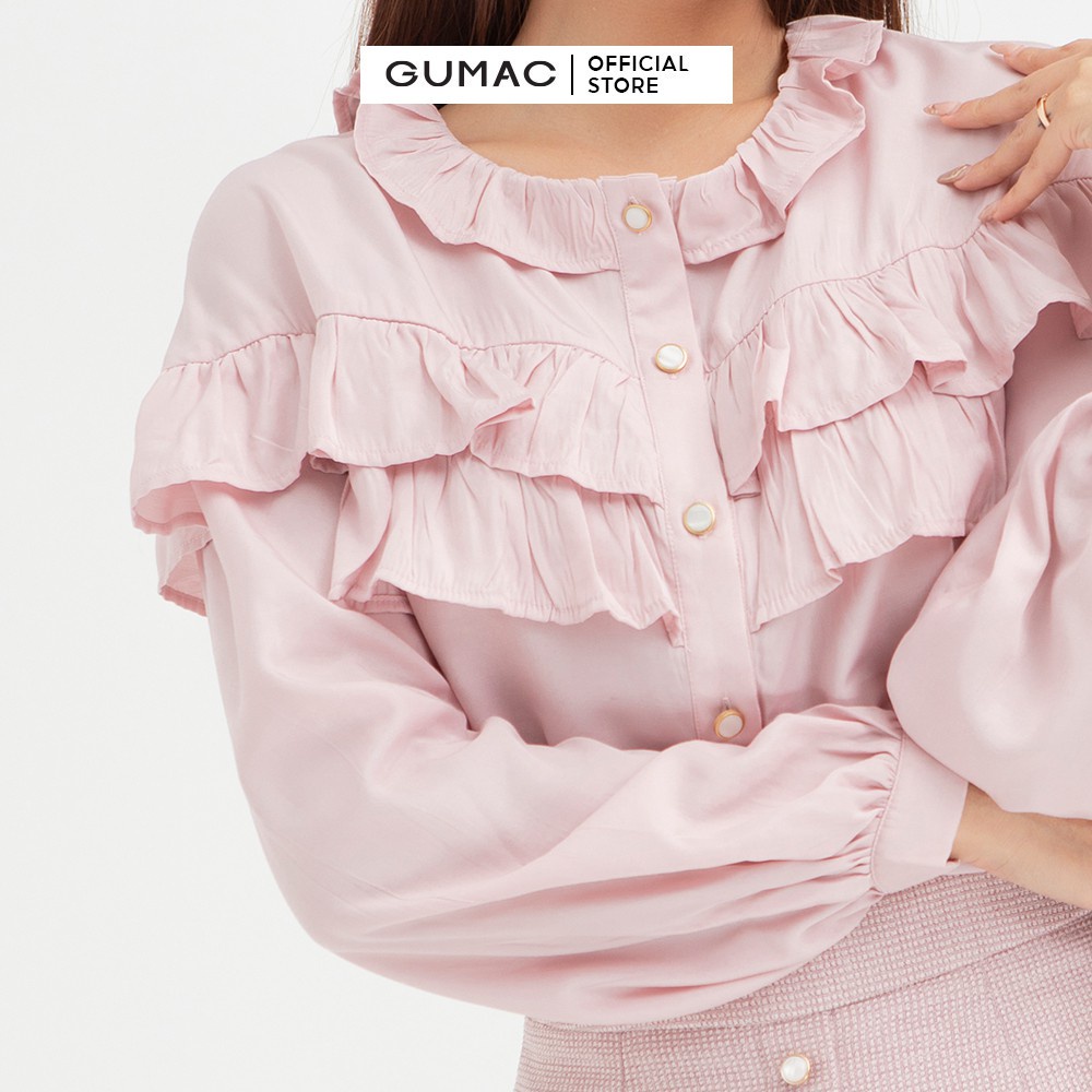 [Mã WABRGUM giảm 10% tối đa 30K đơn 99K] Áo sơ mi kiểu nhún bèo ngực GUMAC màu hồng trơn sang trọng AB451 | BigBuy360 - bigbuy360.vn