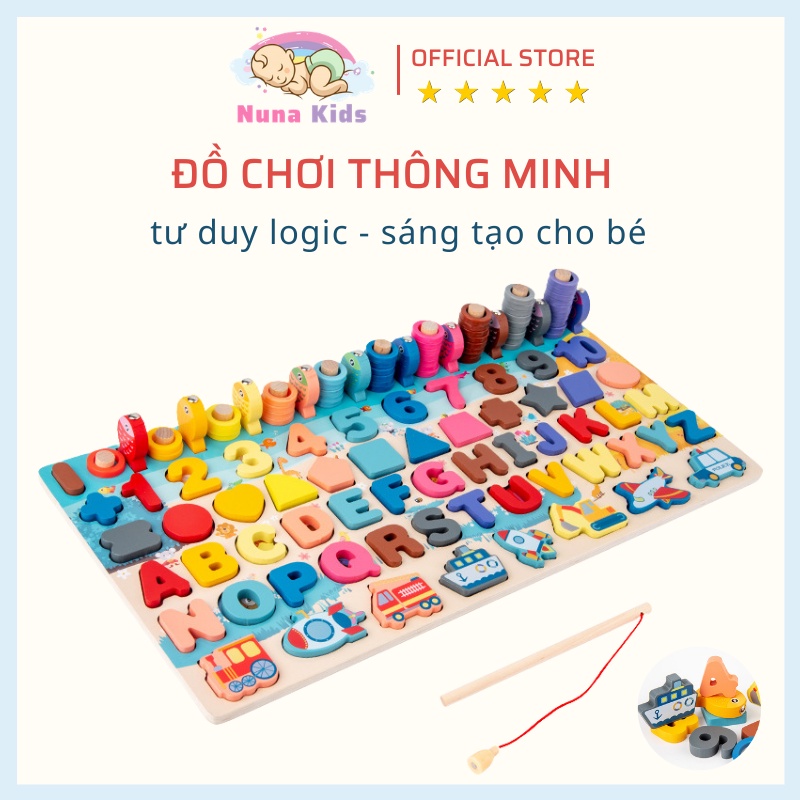 Đồ chơi câu cá gỗ NUNAKIDS kèm bảng số thông minh 7 trong 1 gồm hình khối, số, chữ và phương tiện đồ chơi cho bé