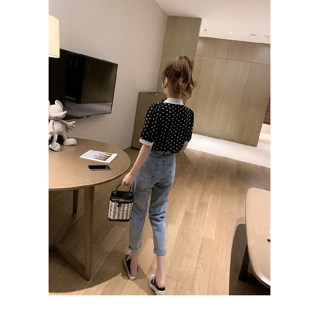 SUXI Áo Sơ Mi Chiffon Cổ V Tay Phồng Họa Tiết Chấm Bi Kiểu Retro Thời Trang Mùa Hè Cho Nữ