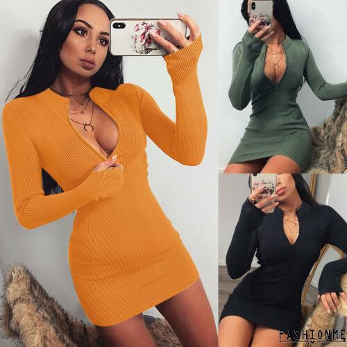 Đầm bó vải dệt kim tay dài cổ chữ V có khóa kéo quyến rũ cho nữ