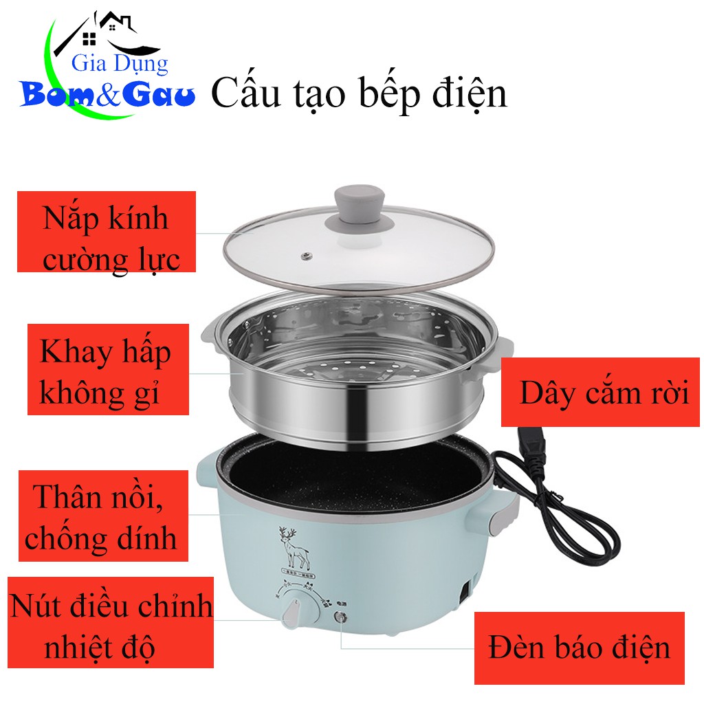 Bếp Điện Đa Năng, Nồi Lẩu Chống Dính Cao Cấp Kèm Xửng Hấp, Tay Cầm Cách Nhiệt Dung Tích Lớn Kèm 7 Món Tiện Lợi BĐAR05