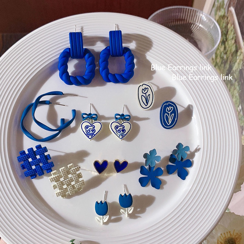 Khuyên Tai Lủng Lẳng Màu Xanh Dương Thiết Kế Tối Giản Phong Cách Hàn