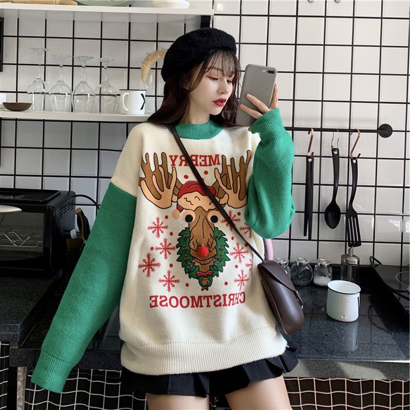 Áo Sweater Dáng Rộng Họa Tiết Giáng Sinh Thời Trang Thu Đông Dễ Phối Đồ Cho Nữ
