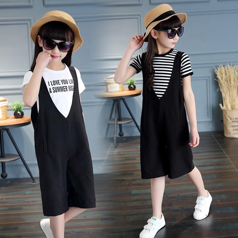 Set áo cổ tròn tay ngắn + quần yếm form rộng dễ thương cho bé gái