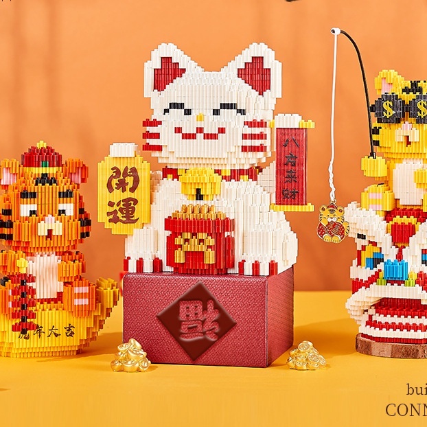 Lắp ráp mô hình le go mèo thần tài, HỔ CON múa Kỳ Lân, Kỳ Lân vui tết trung thu cho bé. decor bàn làm việc