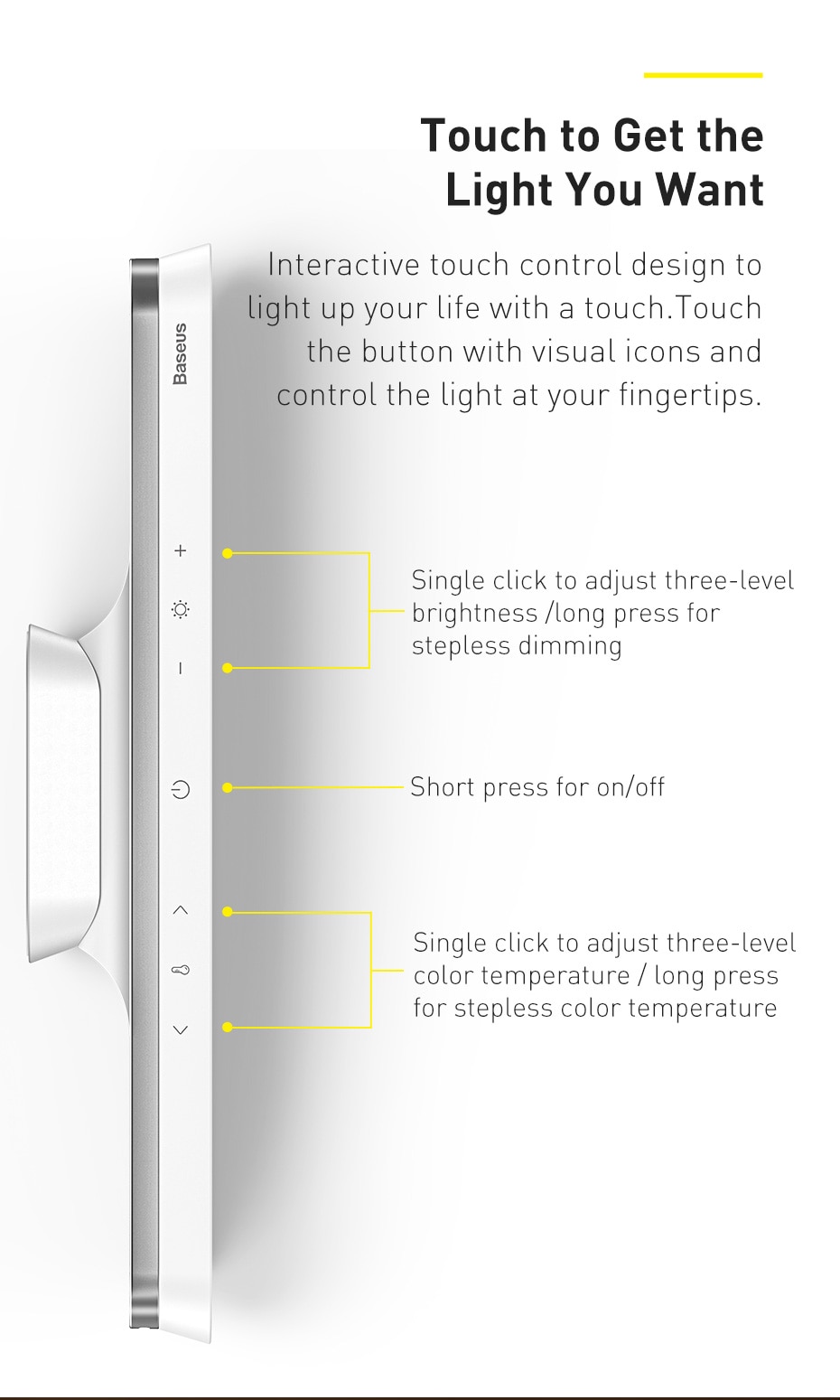 Đèn LED Đọc Sách Baseus USB Gắn Tường Từ Tính Không Dây Cảm Ứng Chạm Có Thể Điều Chỉnh Độ Sáng