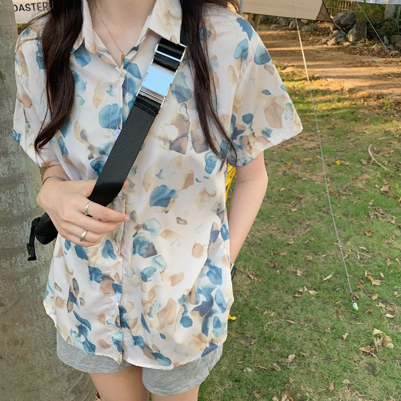 Áo sơ mi SUXI tay ngắn dáng rộng in họa tiết thời trang mùa hè trẻ trung cho nữ