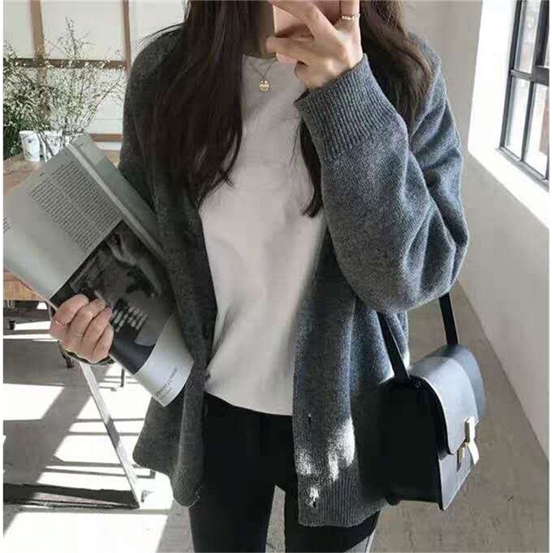 Knitwear Cardigan women Loose Sweater Thick Outside Solid Color korean style oversize loose knitted