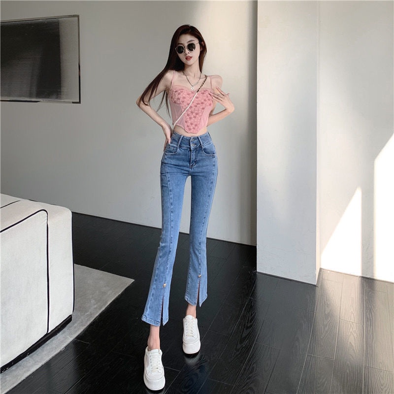 Jiashucheng Quần Jean Ống Loe Dài Tới Mắt Cá Chân Eo Cao Ôm Dáng Thiết Kế Xẻ Tà Phong Cách Mùa Hè Mới Cho Nữ