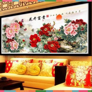 Tranh thêu chữ thập hoa mẫu đơn kt 185*83cm