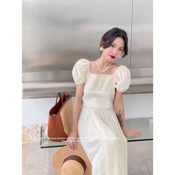 Áo Tay Bồng Tiểu Thư Cổ Vuông Nữ Màu Xanh Bơ Đen Trắng Chất Len Mongtoghi Dệt Kim Style Hàn Quốc Nữ Tính Mặc Đi Làm