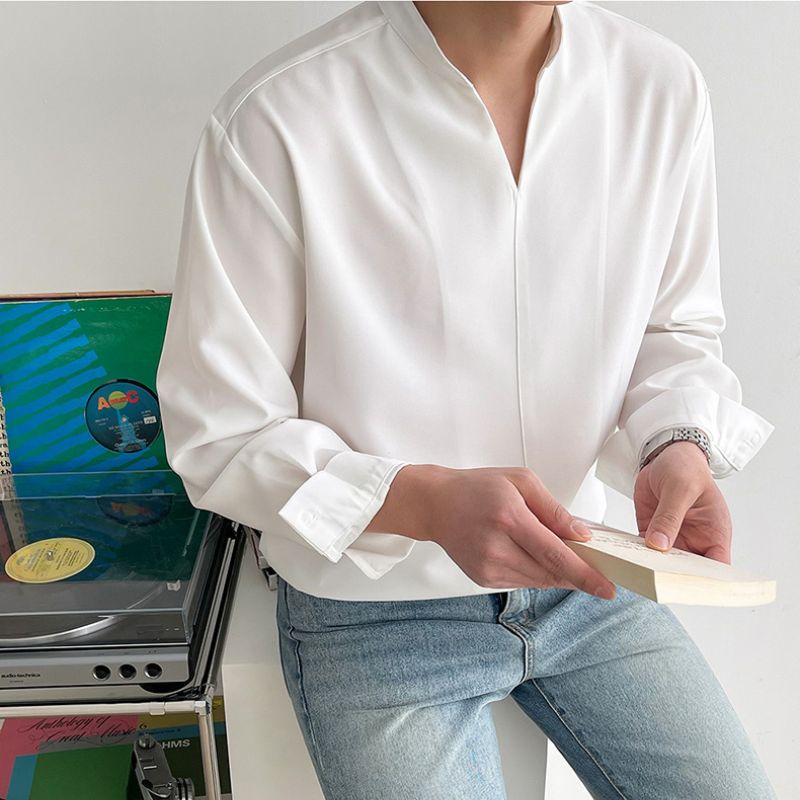 Sơ mi nam hàn quốc form rộng cổ V cao cấp áo nam unisex , lụa không nhăn cổ tàu cổ trụ dáng ôm suông rộng thời trang