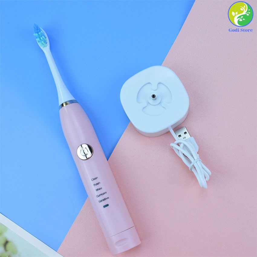Bàn Chải Đánh Răng Điện Thông Minh Sonic 5 Chế Độ Làm Sạch Sâu Kèm Cáp Sạc USB + 2 Đầu Bàn Chải - G69