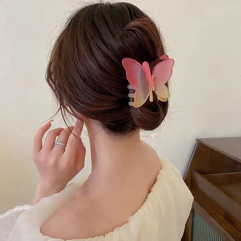 Sen Department Kẹp Tóc Bướm Bằng Acrylic Màu Gradient Ngọt Ngào Cỡ Lớn Hai Lớp Cho Người Lười