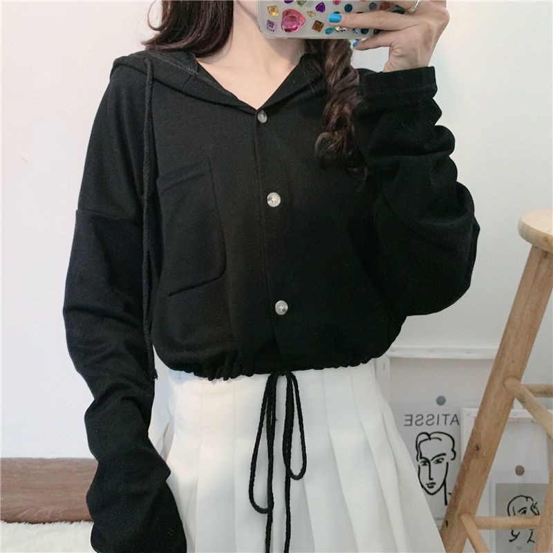 Áo hoodie ngắn mỏng dài tay form rộng phối dây rút phong cách hàn quốc cho nữ 2021