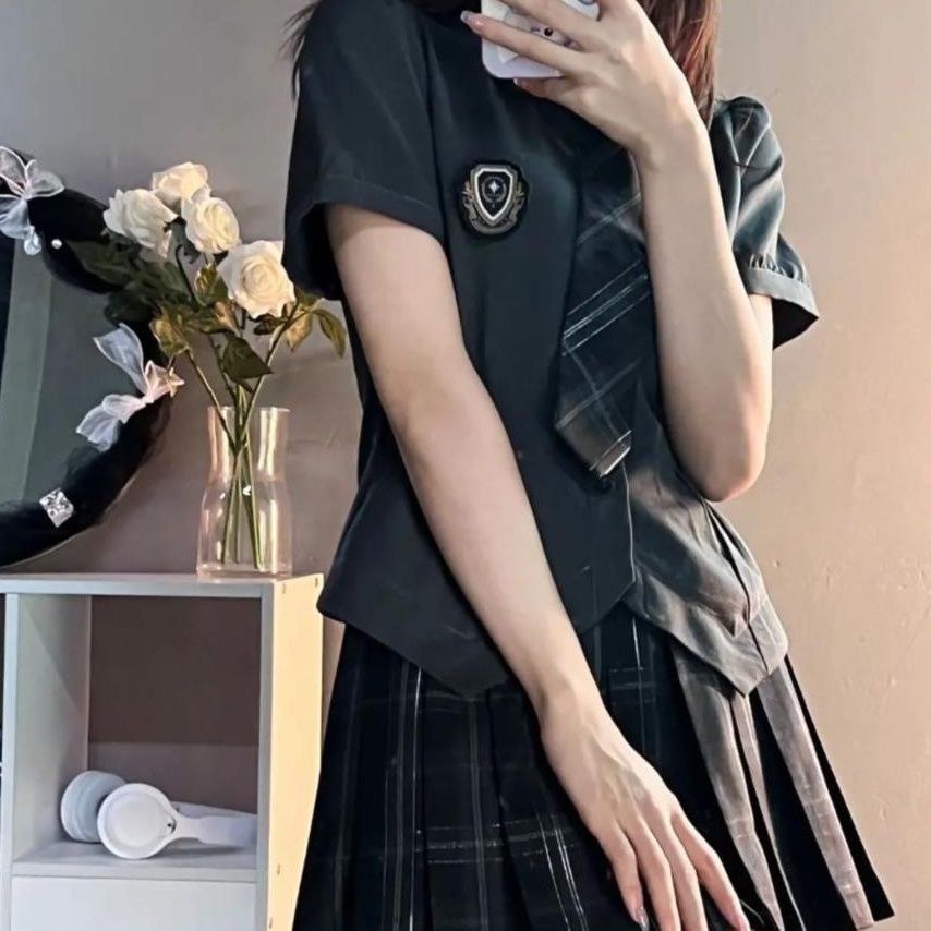 Jiashucheng JK Bộ Đồng Phục Áo Sơ Mi Thắt Eo Hẹp Không Đều + Chân Váy Xếp Ly Kẻ Sọc Caro Nóng Bỏng Cho Nữ