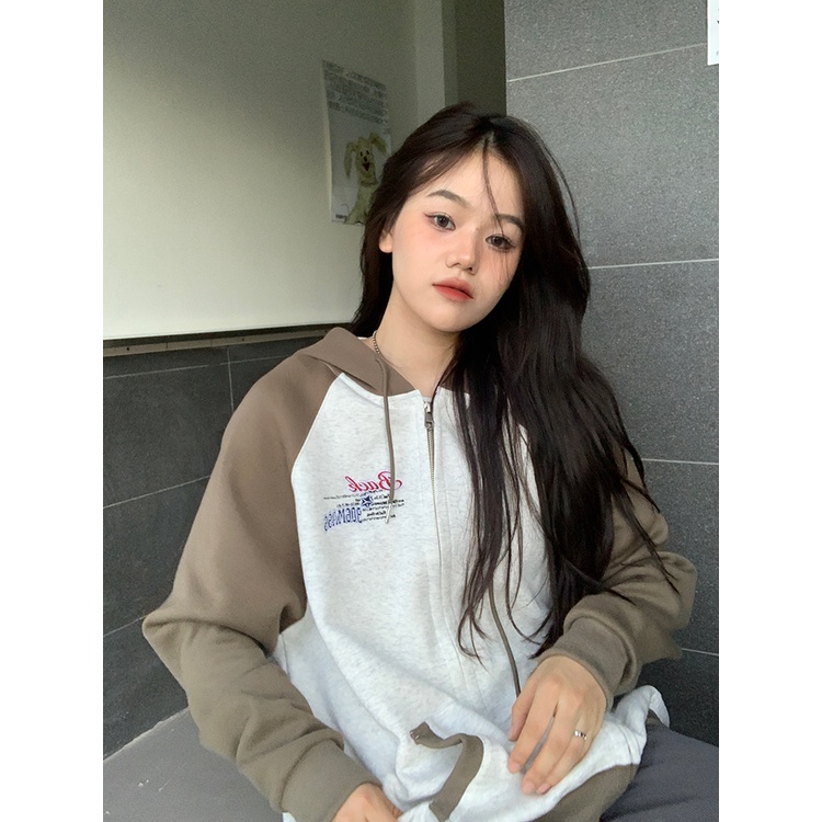 Áo khoác tay dài có khóa kéo in họa tiết phong cách Mỹ thời trang xinh xắn cho nữ