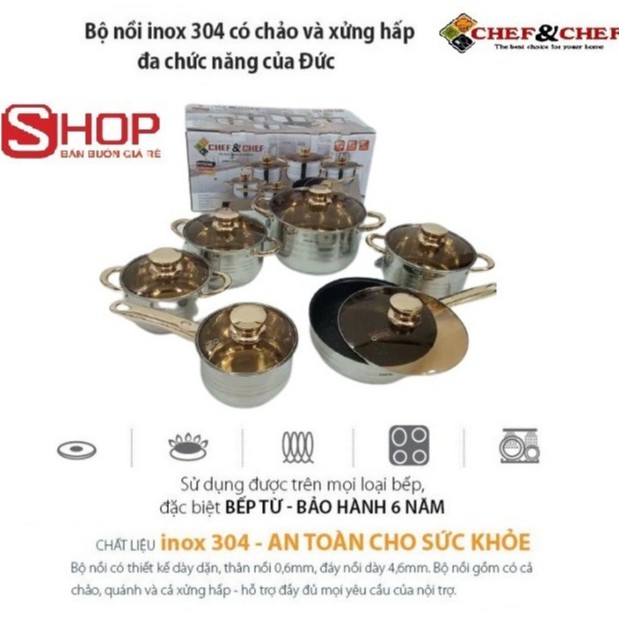 BỘ NỒI VÀ CHẢO ĐỨC 6 MÓN VUNG KÍNH CHEF &amp; CHEF