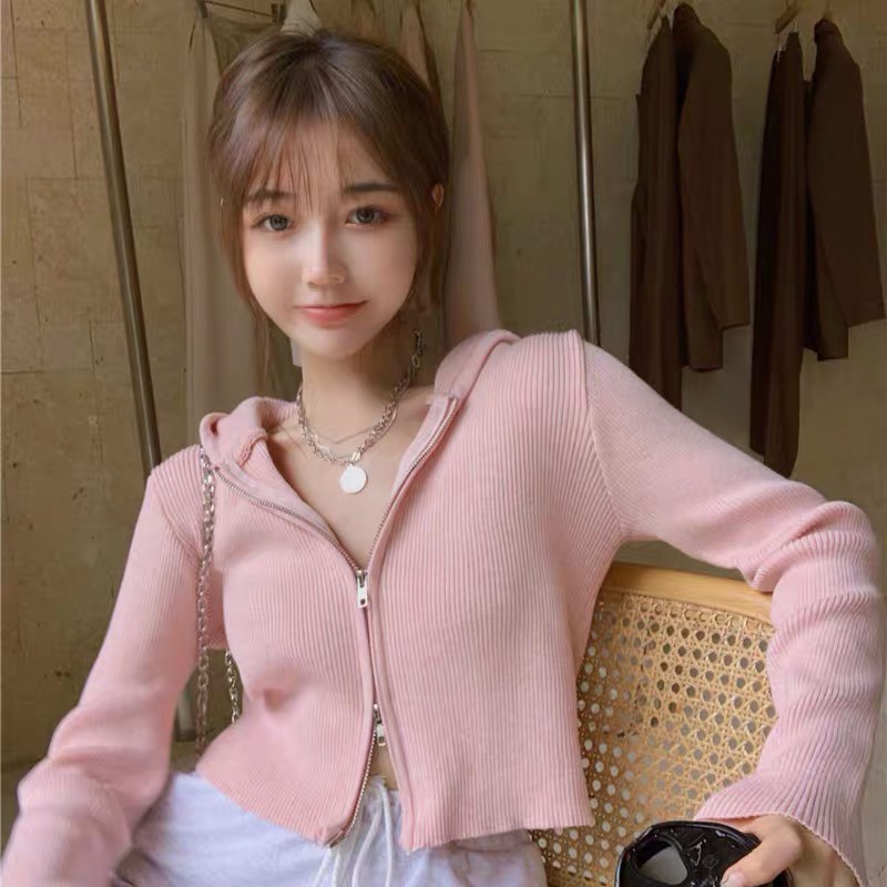 Áo len droptop 2 khóa, Áo Len Dệt Kim Mỏng Có Nón Wenda A06