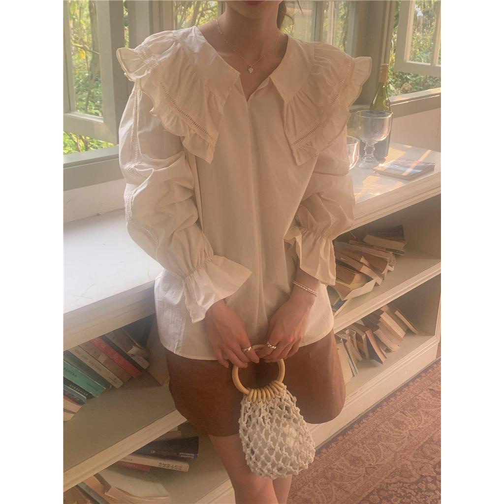 Áo Sơ Mi Trắng Dài Tay Cỡ Lớn Phối Bèo Nhún Ngọt Ngào 61918