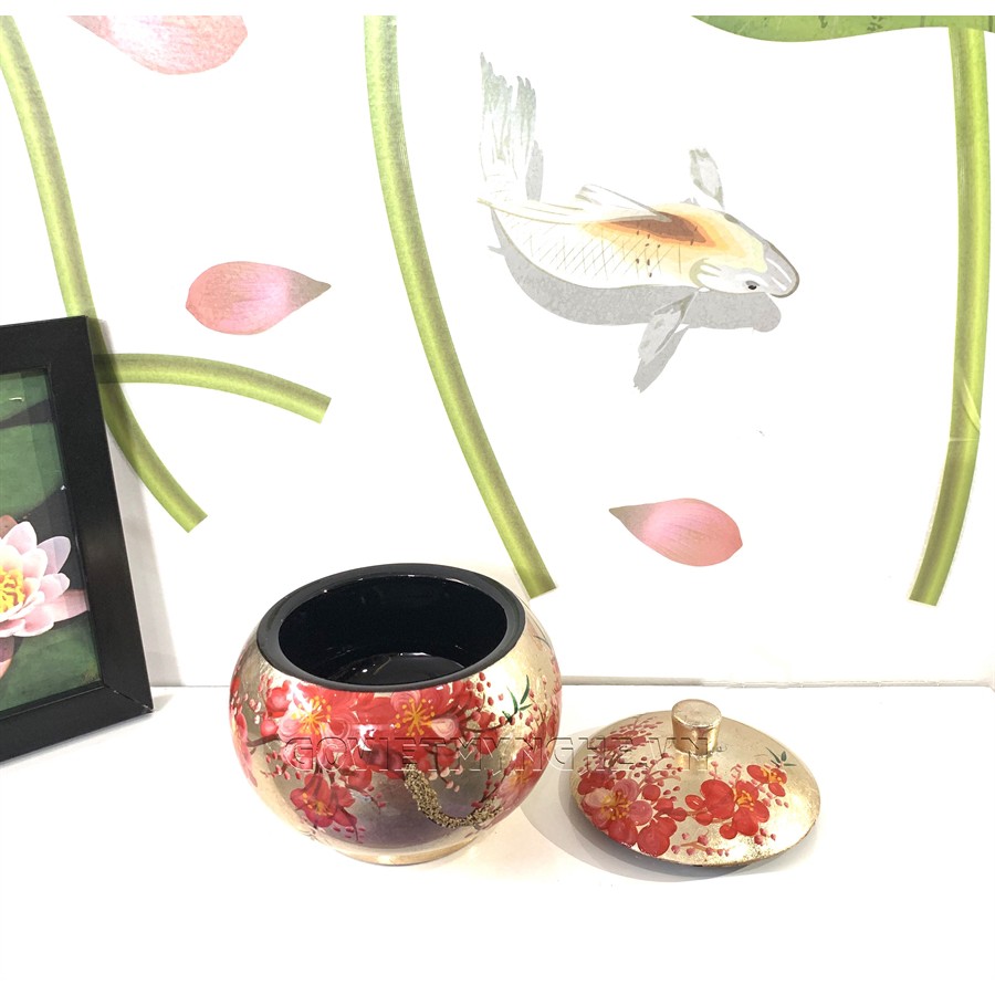 Hũ Sơn Mài - Nền vàng & vẽ hoa đào đỏ - Φ11cm
