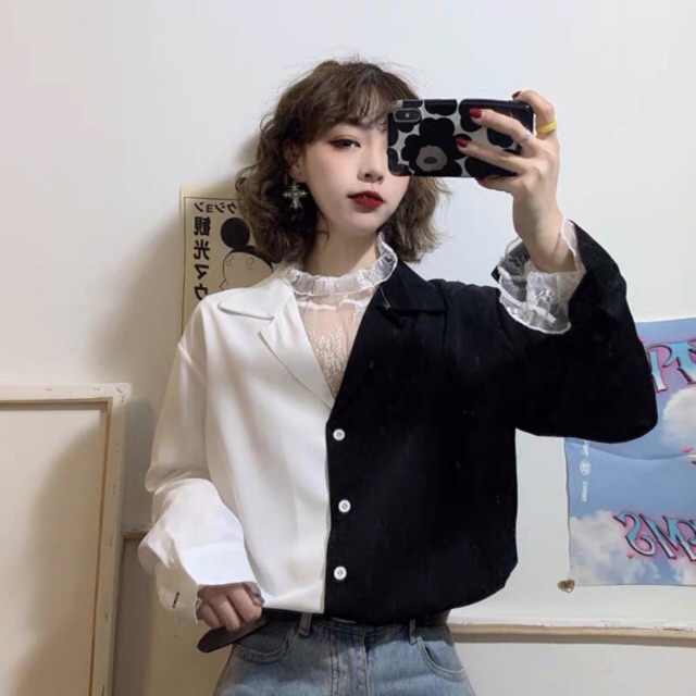 Áo sơ mi cá tính phối hai màu