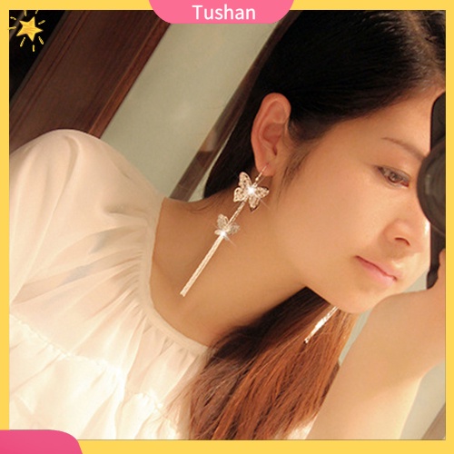 Cặp khuyên tai dây tua dài hình bướm đính đá thời trang cho nữ