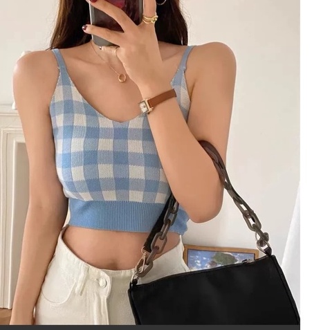 Áo hai dây len croptop caro dành cho nữ mùa hè A2S14