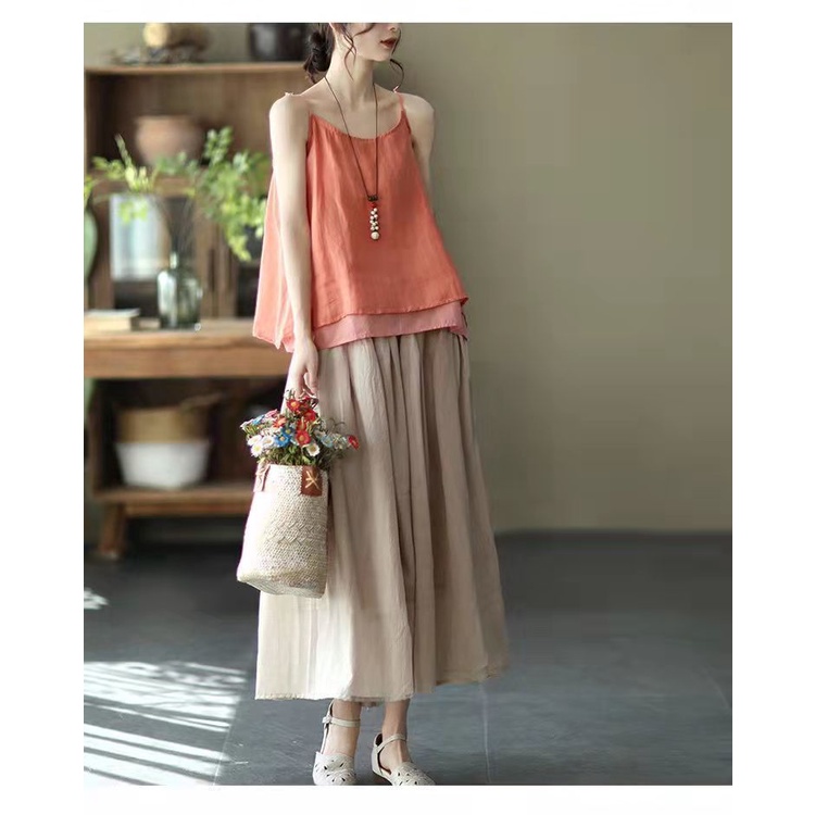 Chân Váy Dài Vải Lanh Cotton Hai Lớp Màu Sắc Đơn Giản Thanh Lịch Dành Cho Nữ