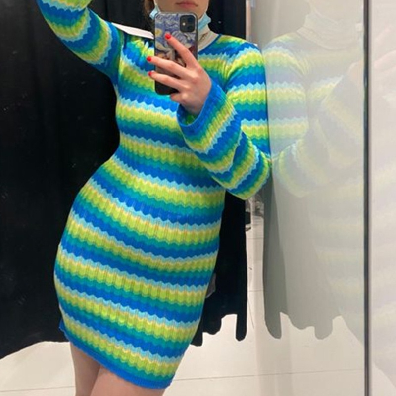 Brroa Đầm Mini Dệt Kim Ôm Dáng Tay Dài Cổ Tròn Họa Tiết Kẻ Sọc Nhiều Màu Sắc Cột Dây Hở Lưng Thời Trang Mùa Hè Cho