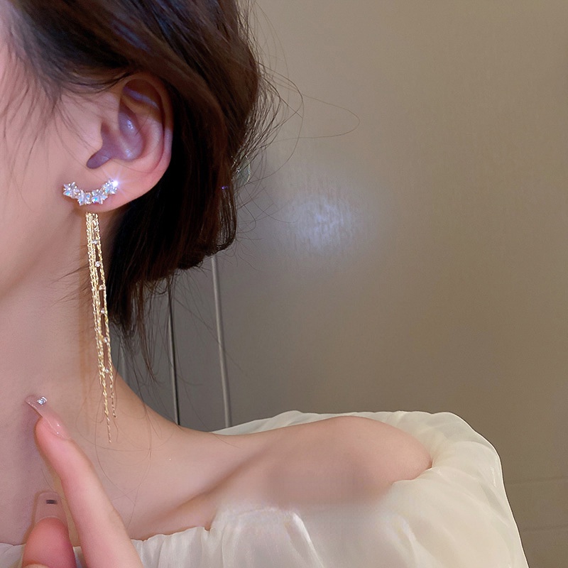 Bông Tai Mạ Bạc 925 Dáng Dài Đính Đá Zircon Phong Cách Hàn Quốc