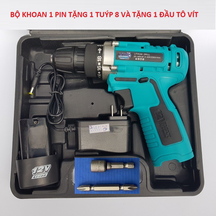 Máy Khoan Pin 12V Có 2 Tốc Độ, Có 2 Chiều Kiêm Vặn Vít Không Dây -Tặng Tuýp & Đầu Tô Vít Bảo Hành 6 Tháng