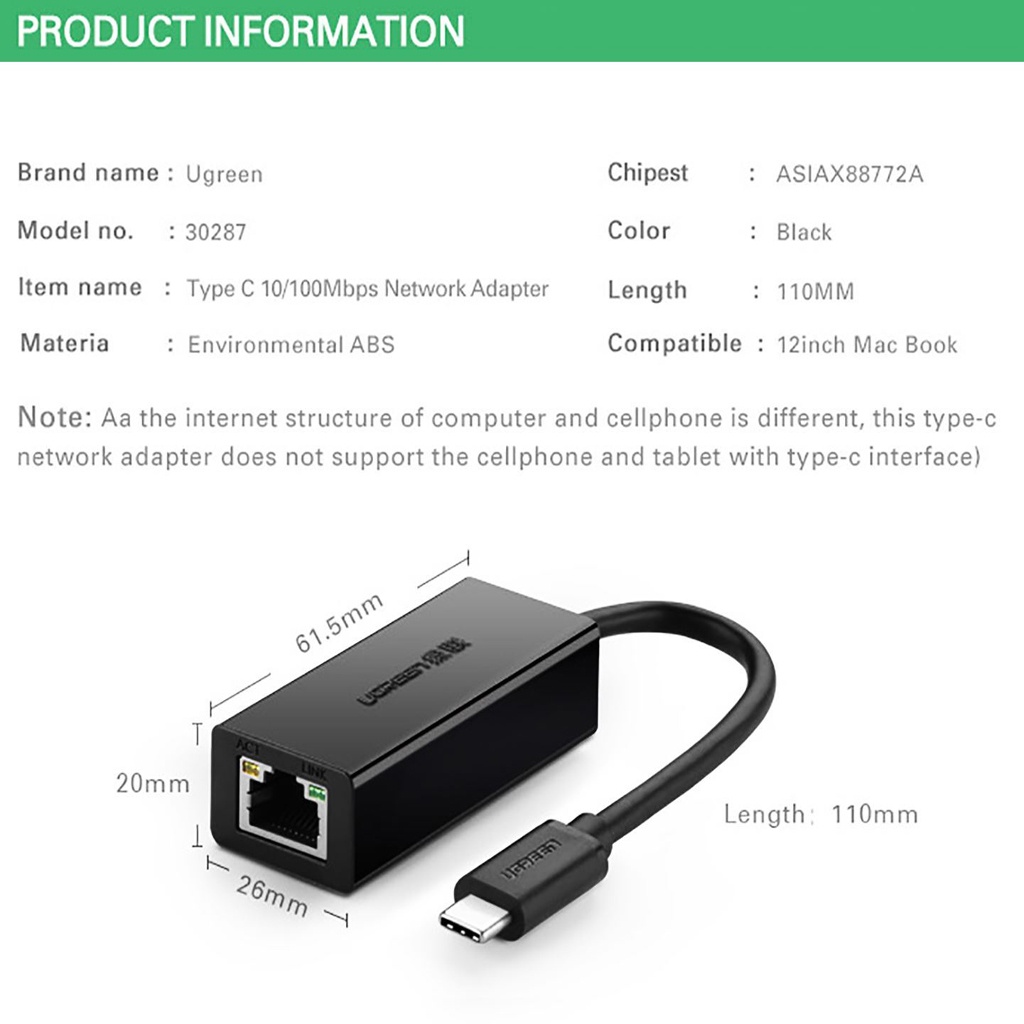 Cáp chuyển USB-C to LAN 10/100Mpbs Ethernet UGREEN 30287 Chính Hãng