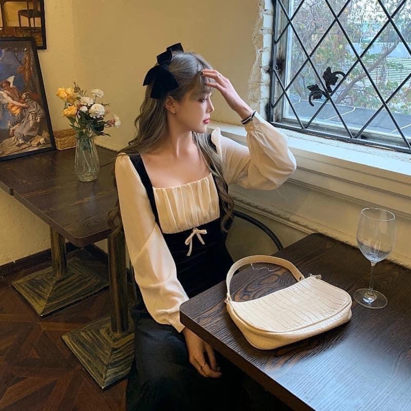 Váy nhung phối nơ tiểu thư phong cách Hàn Quốc nữ tính loại 1 | BigBuy360 - bigbuy360.vn