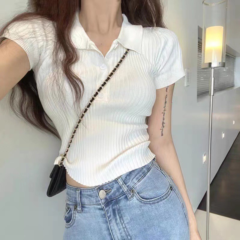 [100c đầu giá gốc] Áo polo crotop trơn có cúc tay cộc năng động - ShynTown