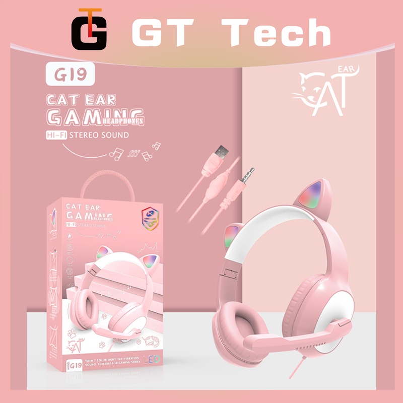 Tai Nghe Chụp Tai G19 Có Dây Kèm Mic Và Nút Điều Chỉnh Âm Lượng 3.5mm + Đầu Cắm USB Màu Hồng Dễ Thương Cho PC Laptop Phones 2021