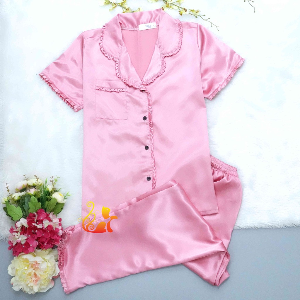 Đồ Mặc Nhà Pijama Phi Lụa " Viền Bèo " Quần Dài Cao Cấp - Dưới 60kg.