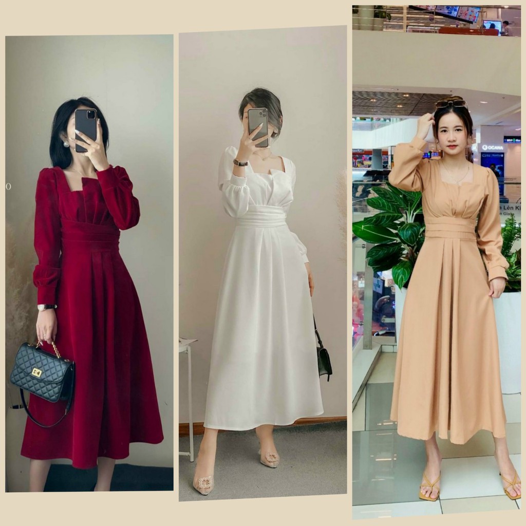 Đầm thiết kế dự tiệc midi tay dài - váy trắng nude đỏ