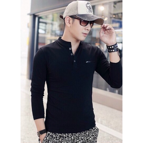 Áo thun nam dài tay cổ trụ phong cách body AHQ175