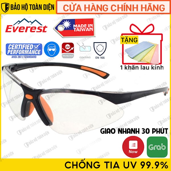 Kính bảo hộ Everest EV301 Đài Loan trong suốt, chống bụi, chống tia UV [TẶNG KHĂN LAU KÍNH]